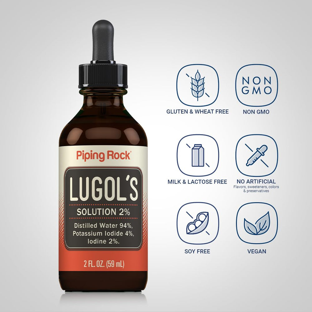 Piping Rock Lugols bottle beside common items to show compact 2 fl oz scale