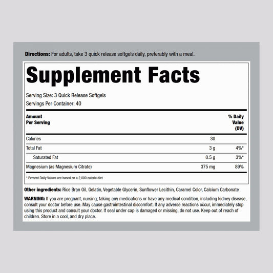 Close-up of 375 mg Magnesium Citrate softgels