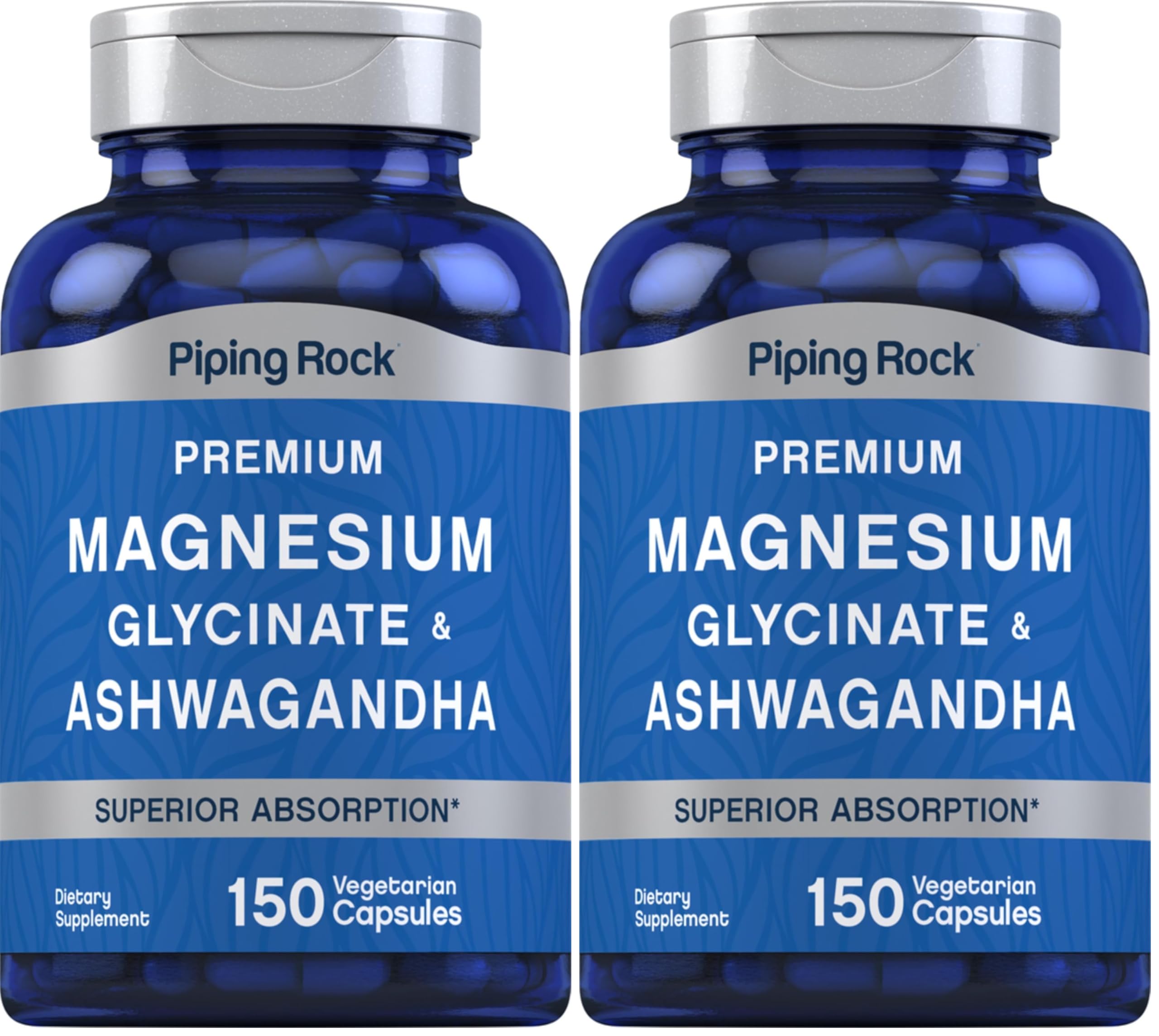 Front view of Piping Rock Magnesium Glycinate and Ashwagandha bottle, 150 capsules (Pack of 2)