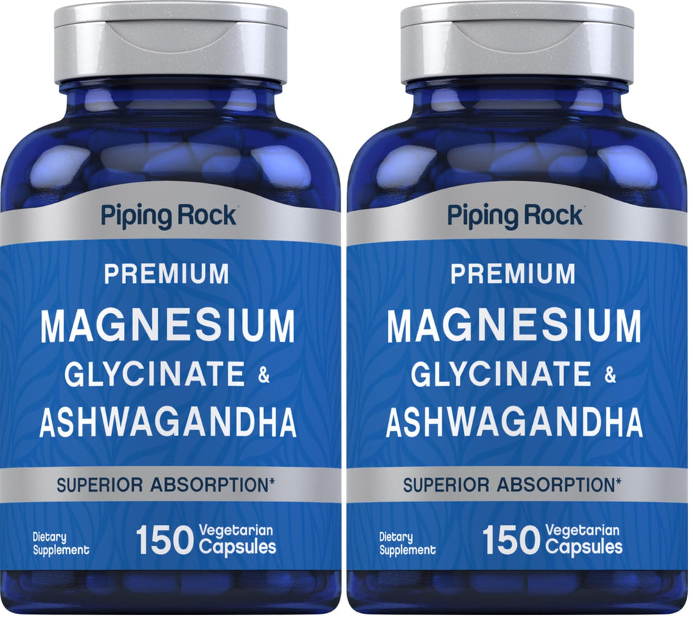 Front view of Piping Rock Magnesium Glycinate and Ashwagandha bottle, 150 capsules (Pack of 2)