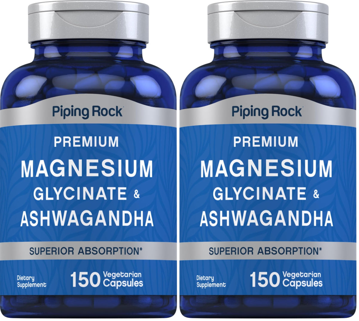 Front view of Piping Rock Magnesium Glycinate and Ashwagandha bottle, 150 capsules (Pack of 2)