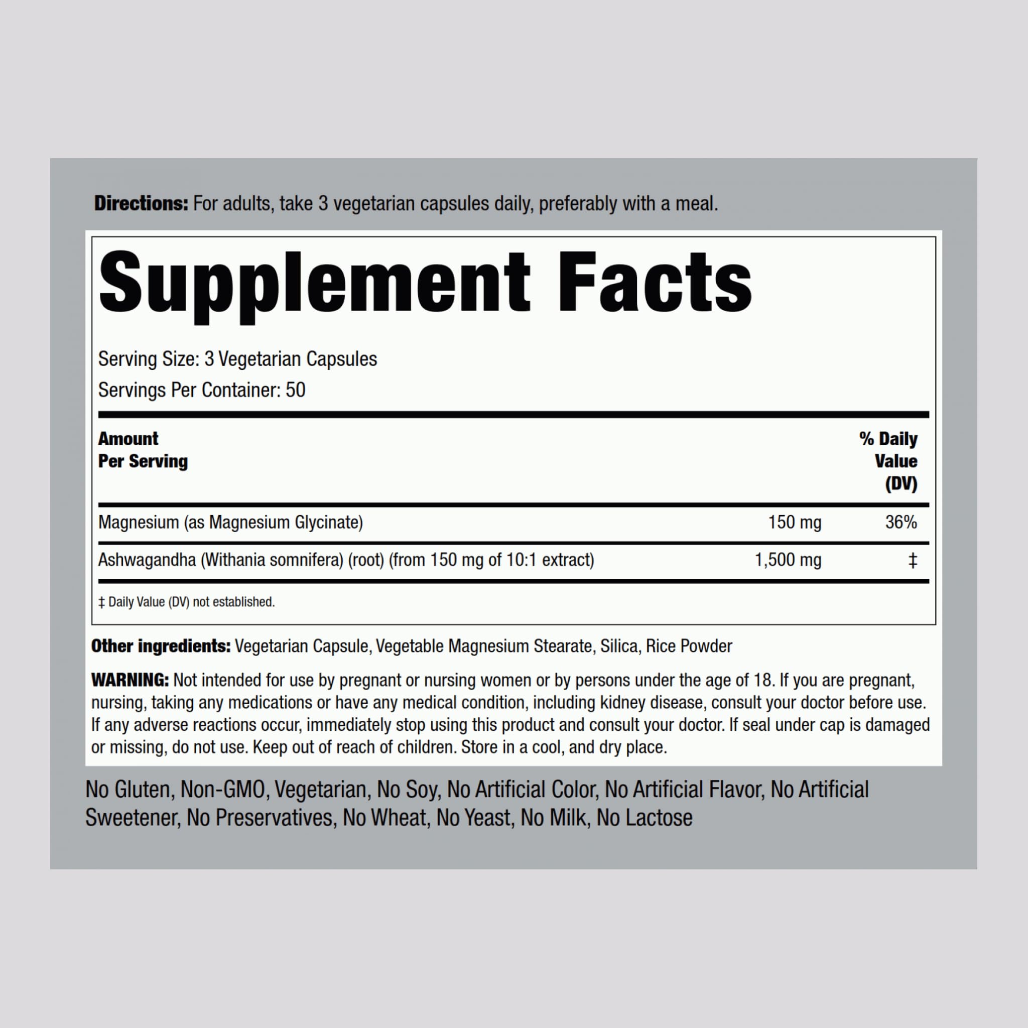 Packaging details for Piping Rock Magnesium Glycinate and Ashwagandha – 150 capsules (Pack of 2)