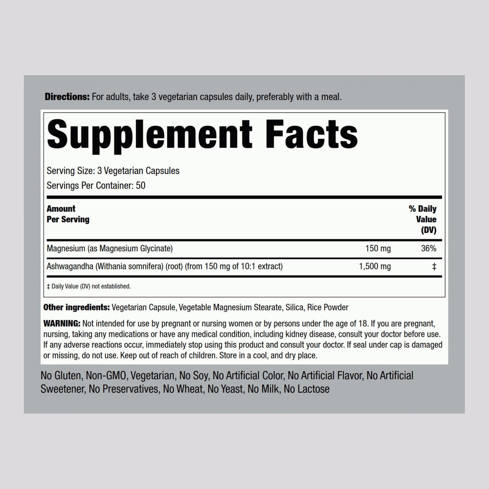 Packaging details for Piping Rock Magnesium Glycinate and Ashwagandha – 150 capsules (Pack of 2)