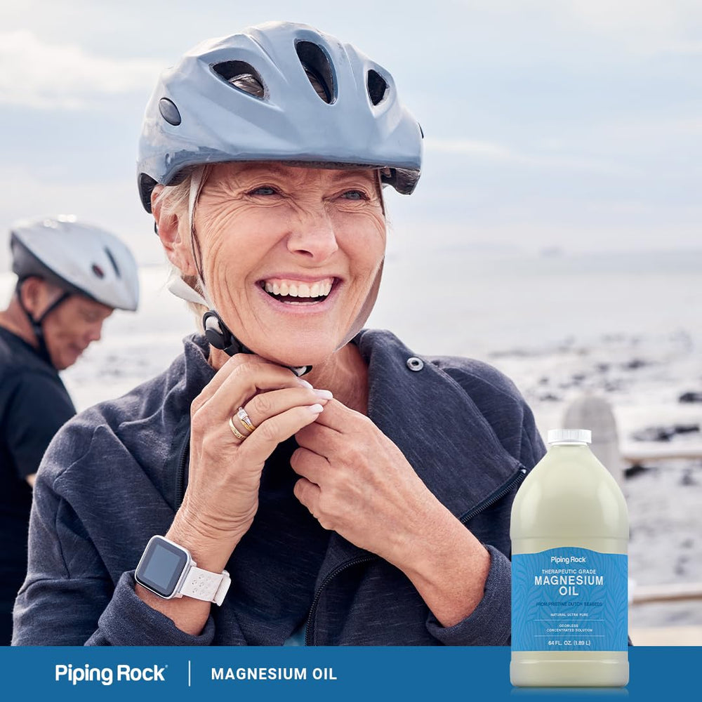 Piping Rock bottle held in hand showing 64oz scale and long-lasting supply benefit