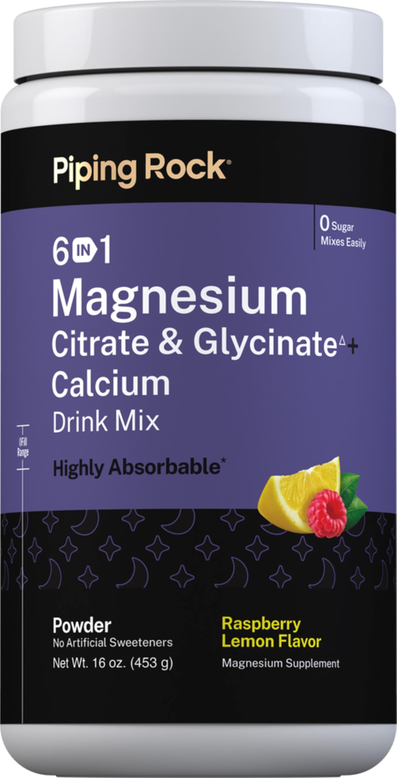 Piping Rock front packaging showing 16 oz magnesium citrate and glycinate powder