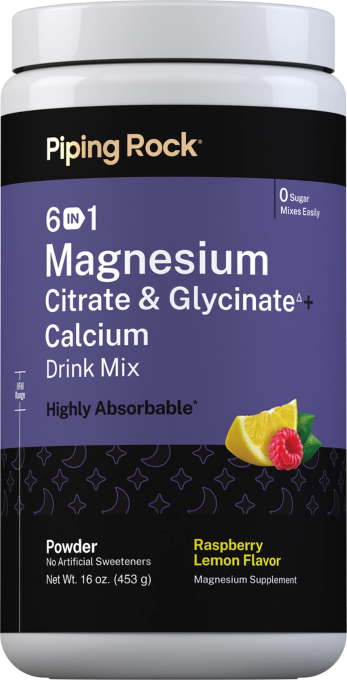 Piping Rock front packaging showing 16 oz magnesium citrate and glycinate powder