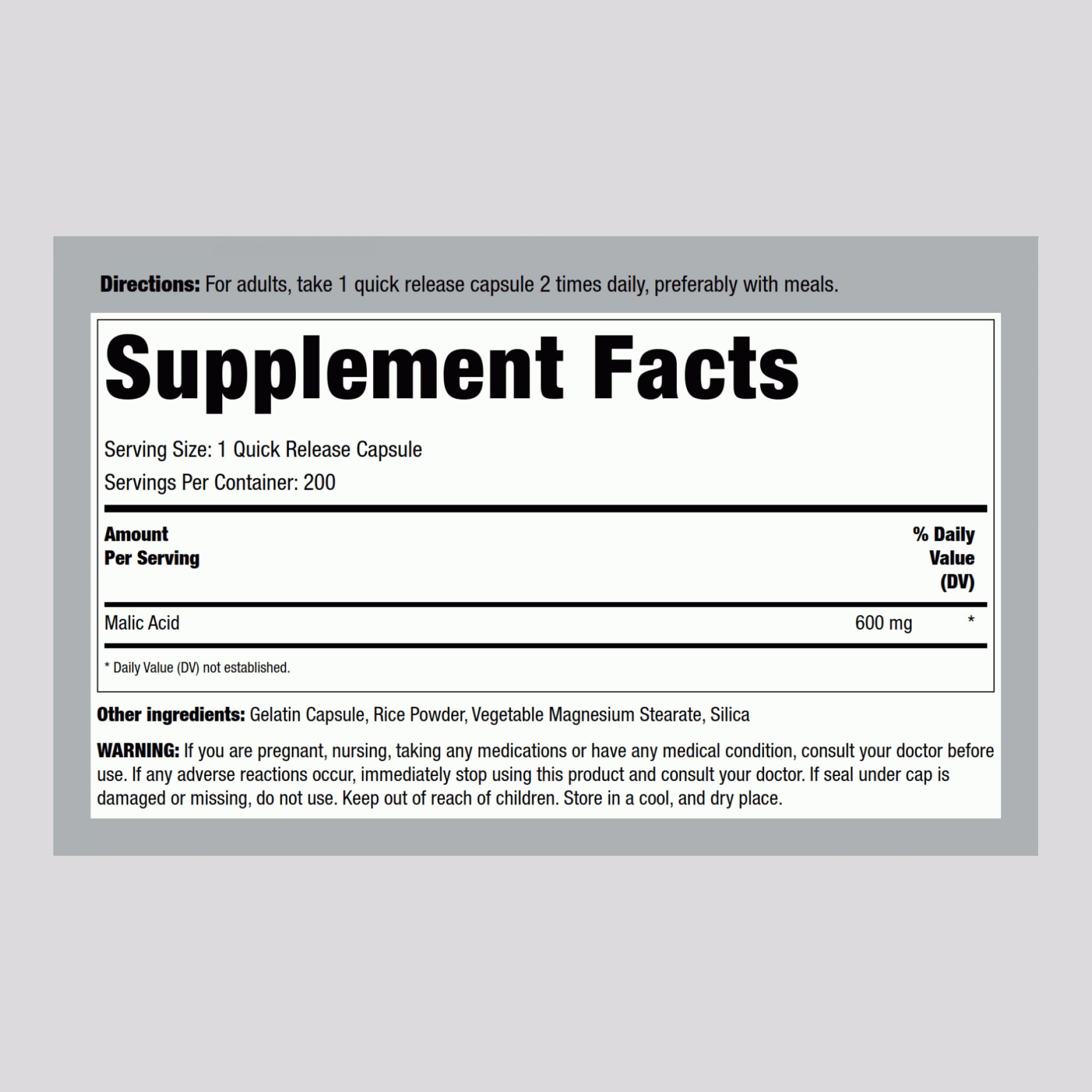 Side view of Piping Rock Malic Acid Capsules bottle