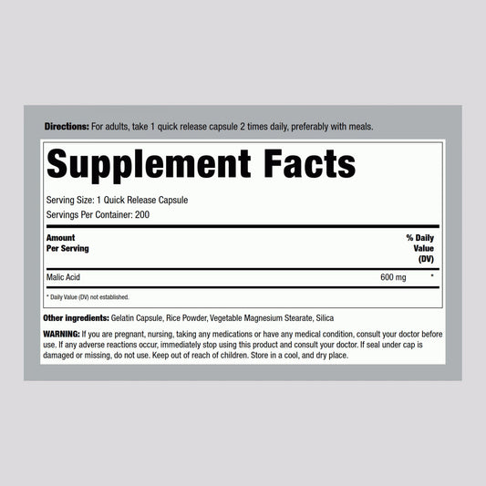Side view of Piping Rock Malic Acid Capsules bottle