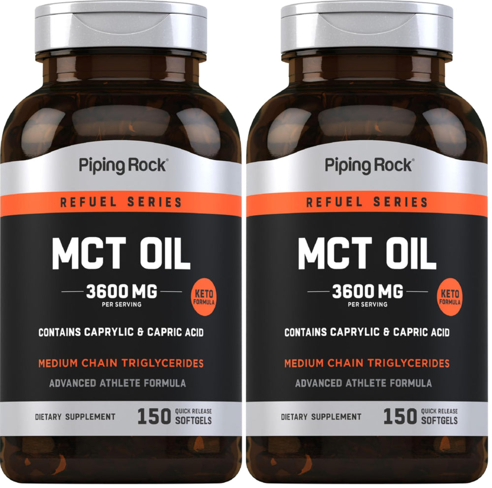 Front view of Piping Rock MCT Oil Softgel Capsules bottle, 3600mg, 150 capsules, pack of 2