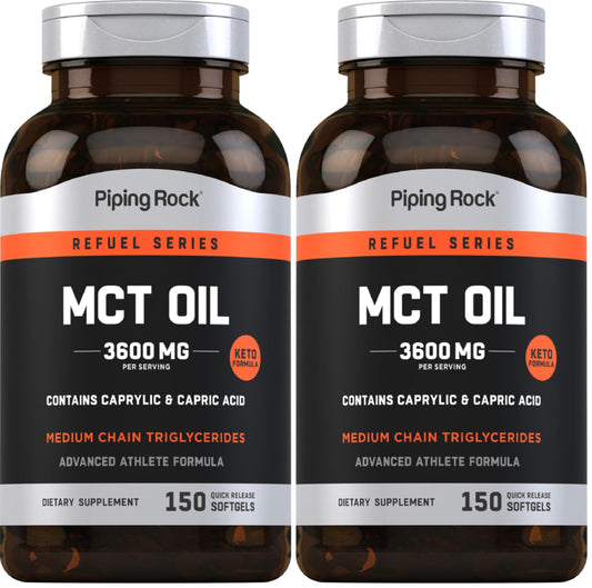 Front view of Piping Rock MCT Oil Softgel Capsules bottle, 3600mg, 150 capsules, pack of 2
