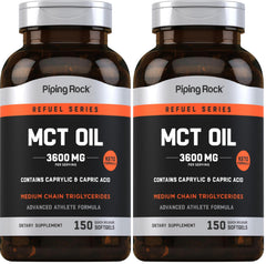 Front view of Piping Rock MCT Oil Softgel Capsules bottle, 3600mg, 150 capsules, pack of 2