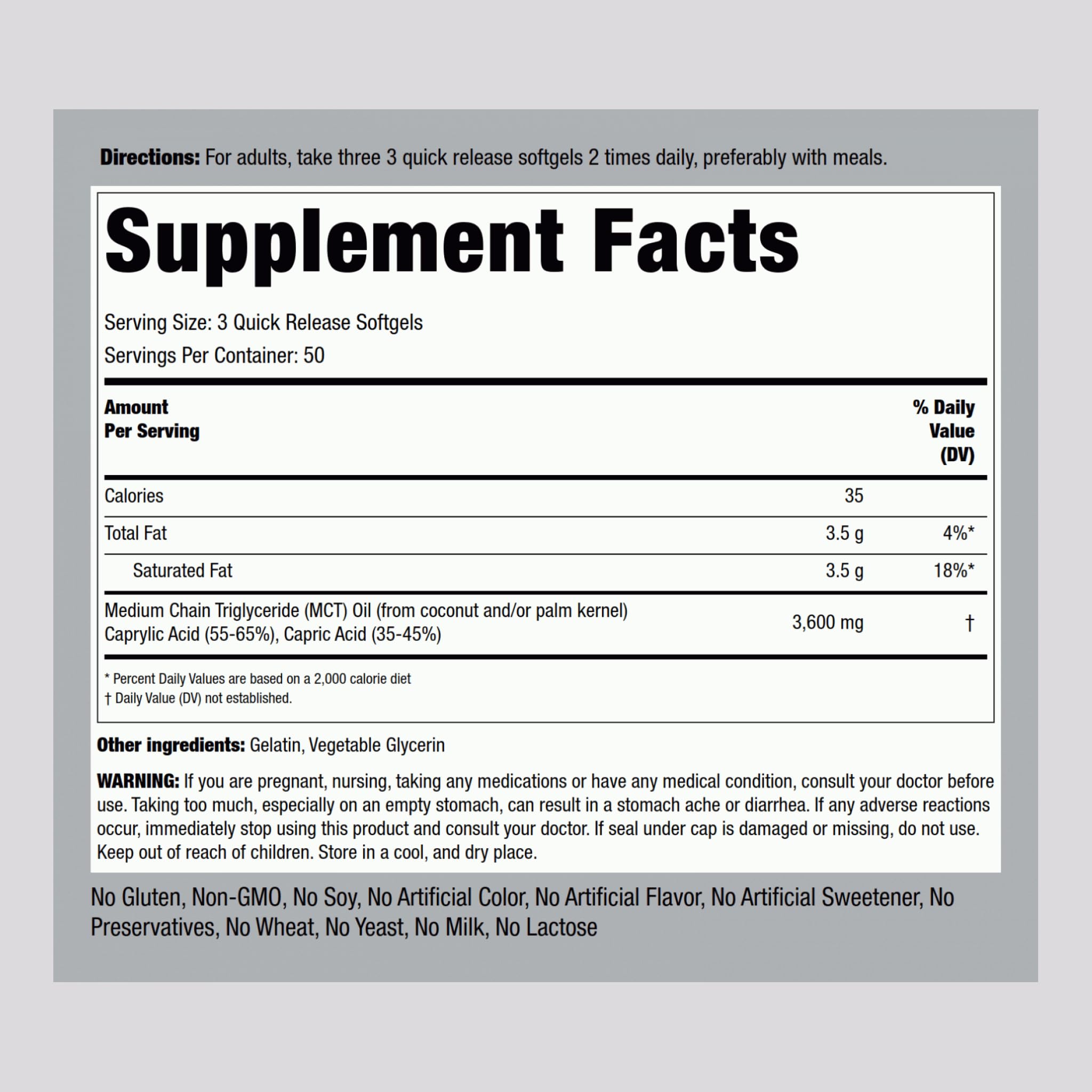 Close-up of MCT oil softgel capsules showing 3600mg per serving