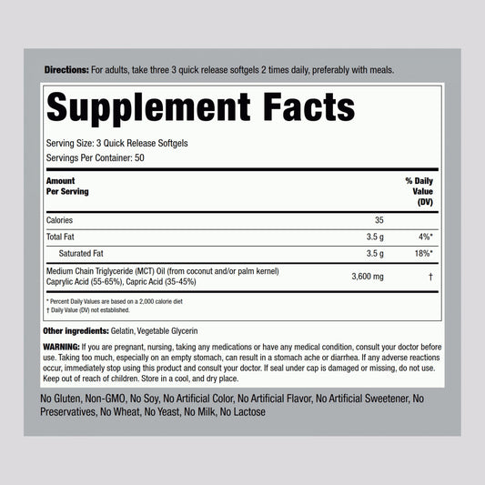 Close-up of MCT oil softgel capsules showing 3600mg per serving