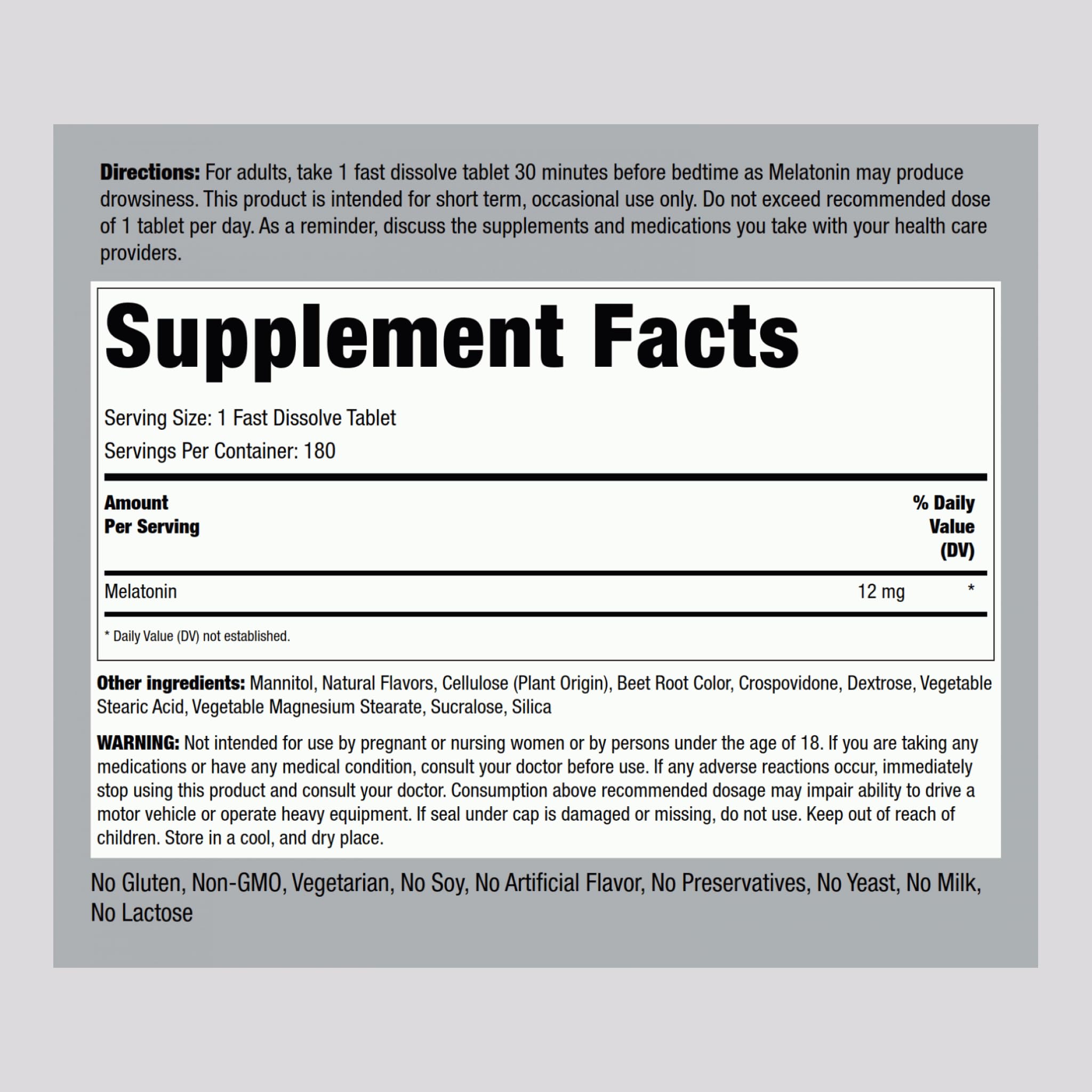 Close-up of Melatonin 12 mg Berry Flavor label