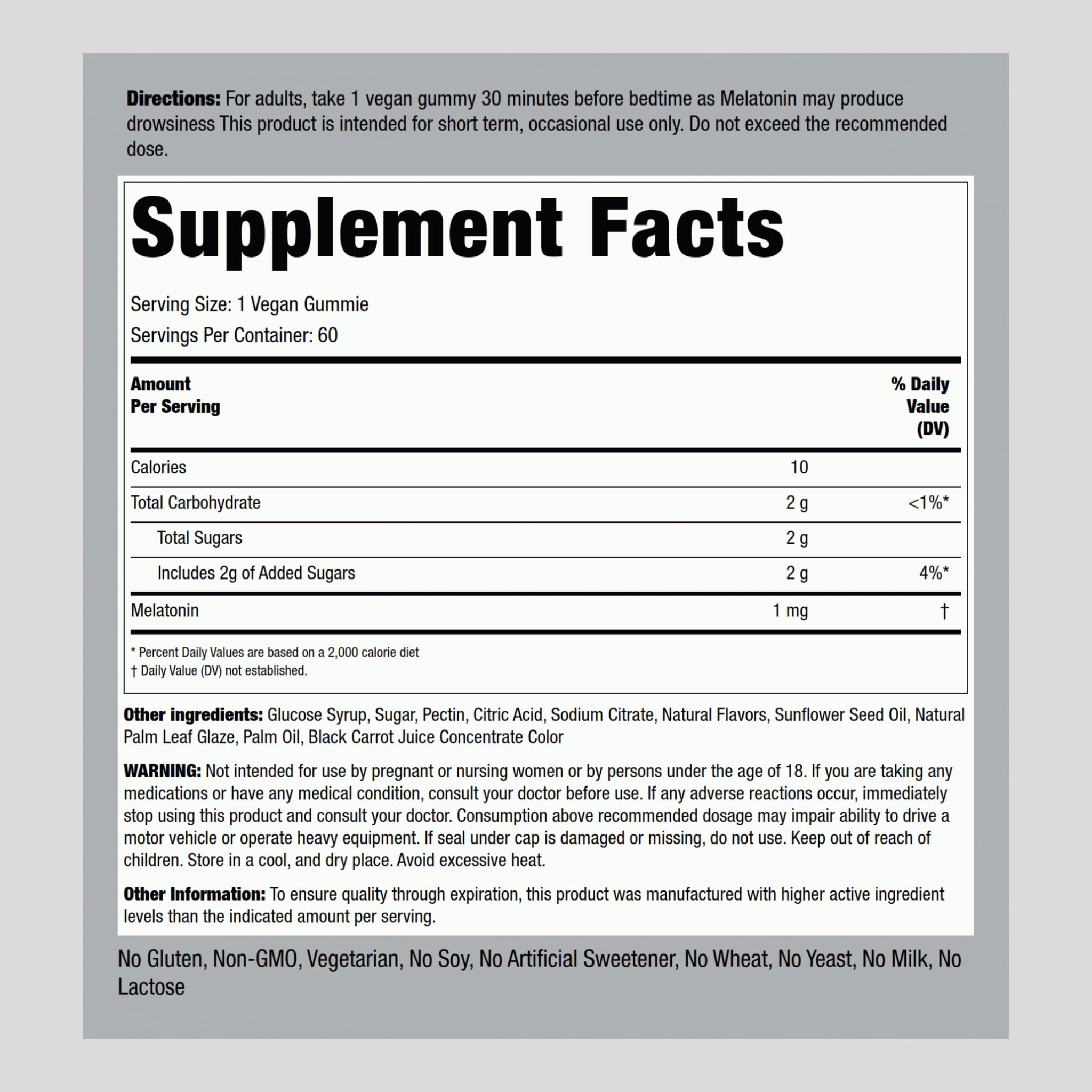 Piping Rock Melatonin Gummies 1 mg bottle closeup emphasizes vegan, gluten-free sleep support option