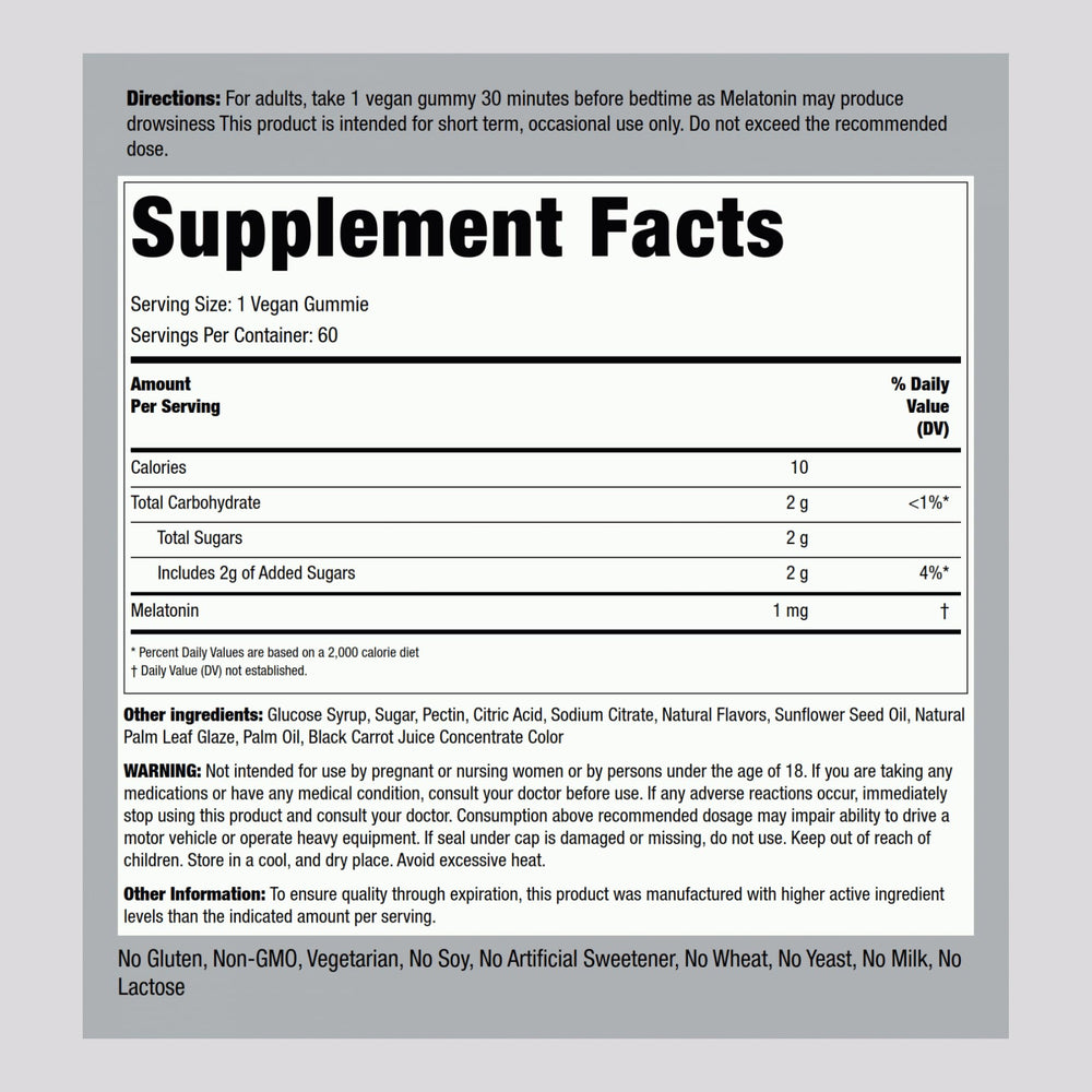 Piping Rock Melatonin Gummies 1 mg bottle closeup emphasizes vegan, gluten-free sleep support option