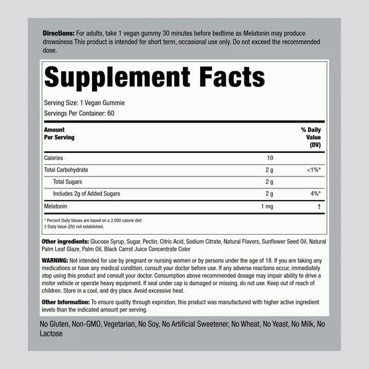 Piping Rock Melatonin Gummies 1 mg bottle closeup emphasizes vegan, gluten-free sleep support option