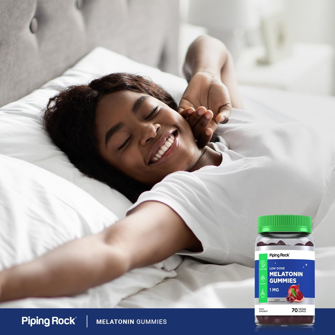 Piping Rock Melatonin Gummies jar-top view suggests convenient, daily use