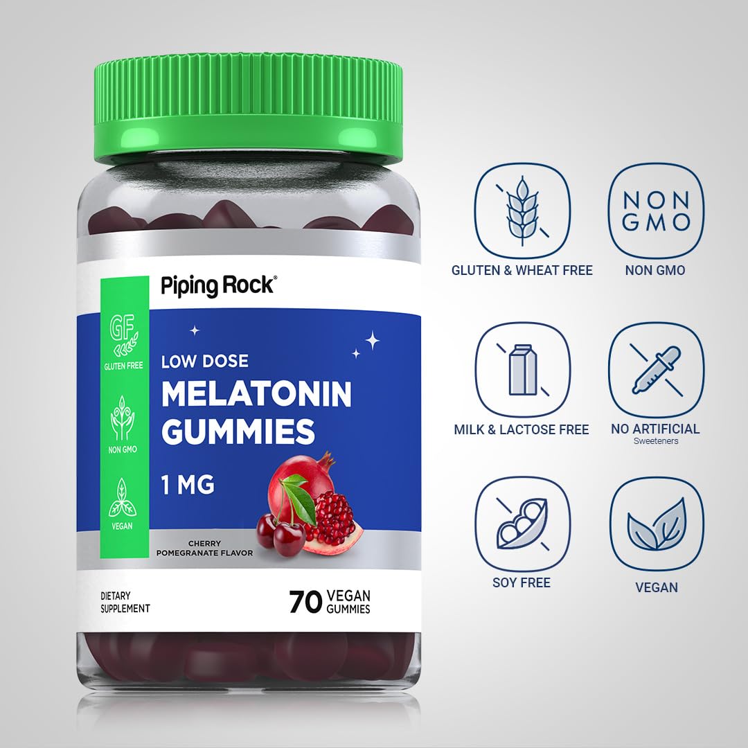 Piping Rock Melatonin Gummies packaging front showcases cherry pomegranate flavor