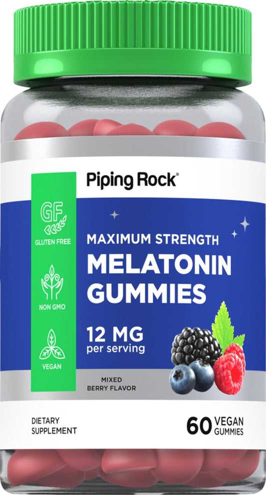 Piping Rock Melatonin Gummies 12mg bottle with berry flavor for a calming nightly routine