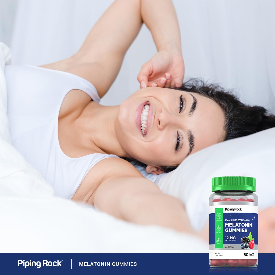 Nightstand-friendly bottle of Piping Rock melatonin gummies berry for quick wind-down