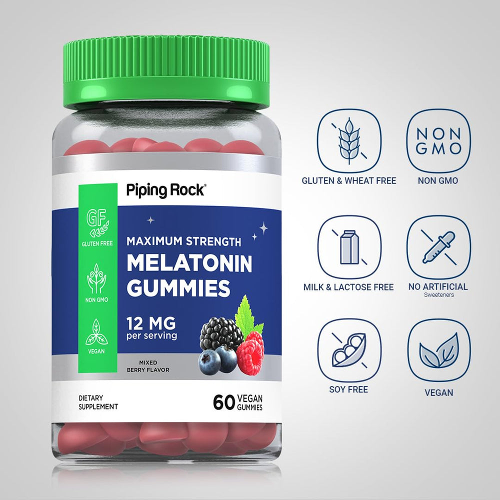 Packaging shot of Piping Rock melatonin gummies berry tube for easy nightly dosing