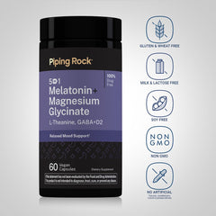 Piping Rock label close-up listing melatonin, magnesium glycinate, L-theanine, GABA and D2