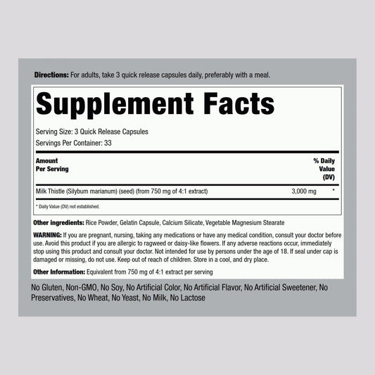 Piping Rock Milk Thistle 3000mg bottle back label