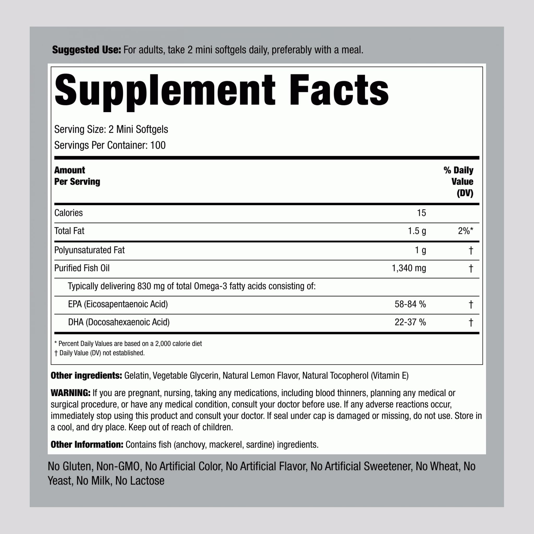 Mini Fish Oil 1340mg by Piping Rock – Lemon Flavor – Easy-to-Swallow Softgels