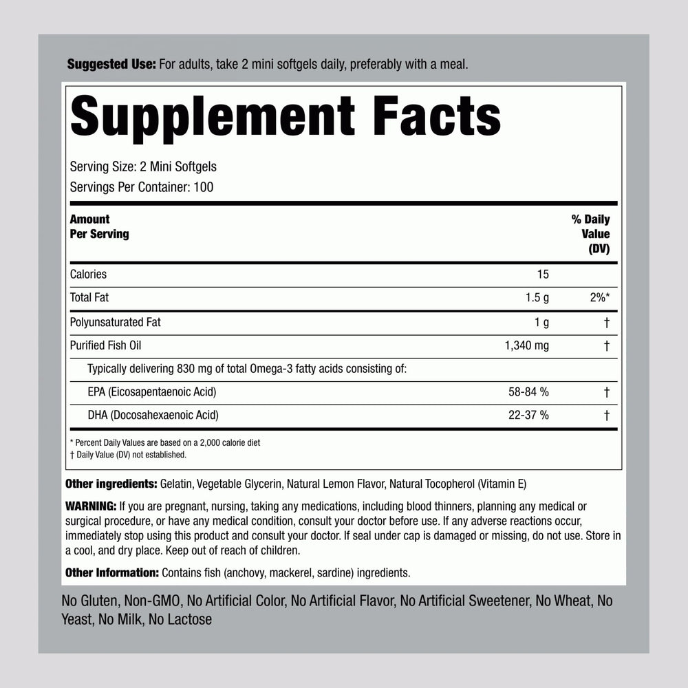 Mini Fish Oil 1340mg by Piping Rock – Lemon Flavor – Easy-to-Swallow Softgels