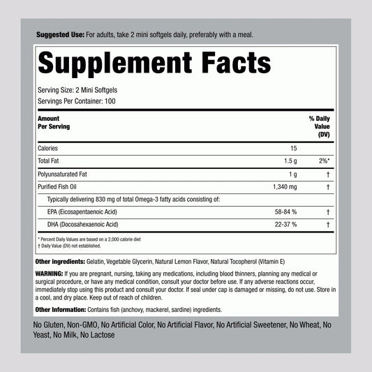 Mini Fish Oil 1340mg by Piping Rock – Lemon Flavor – Easy-to-Swallow Softgels