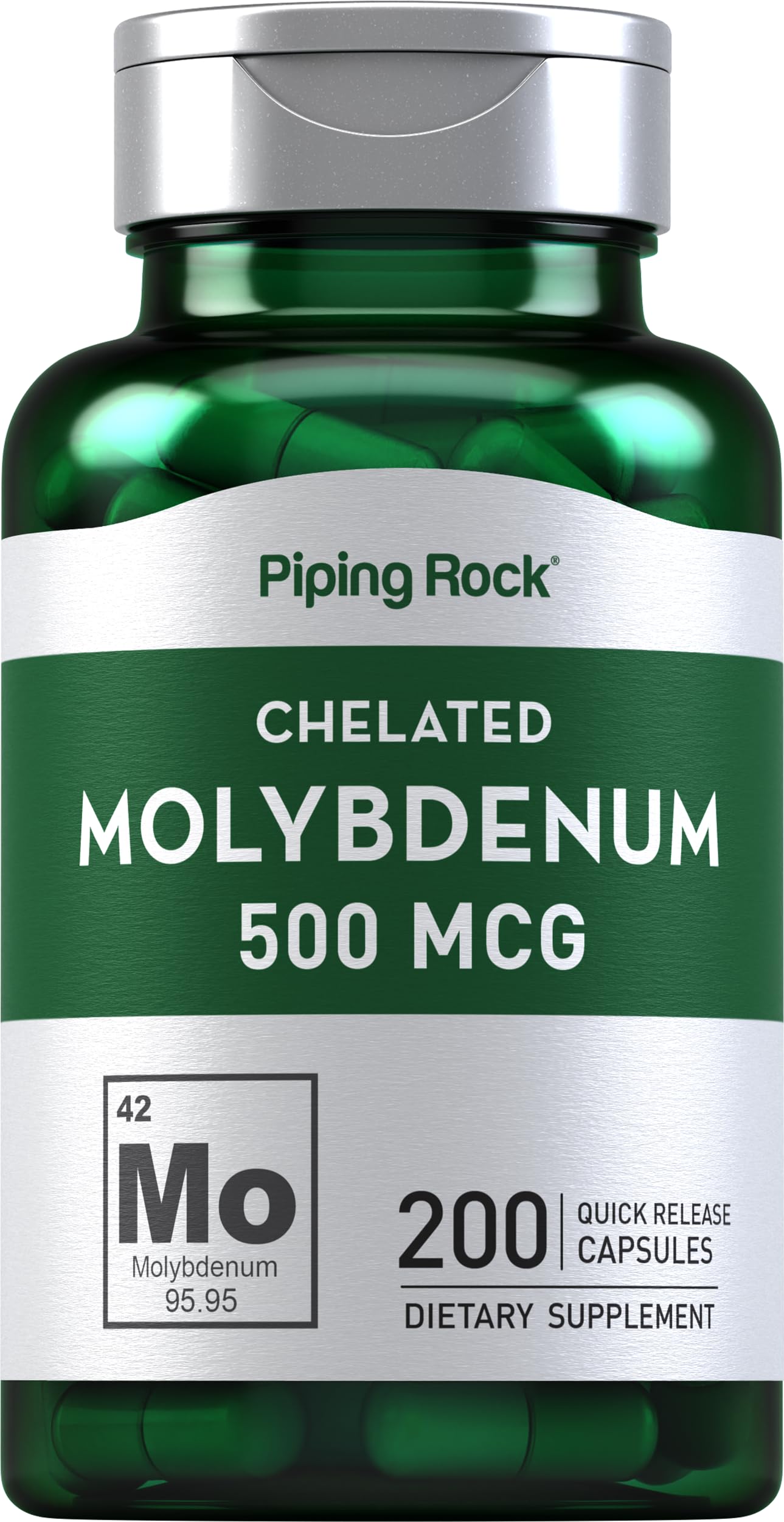 Piping Rock front packaging showing 500 mcg molybdenum label and bottle benefits