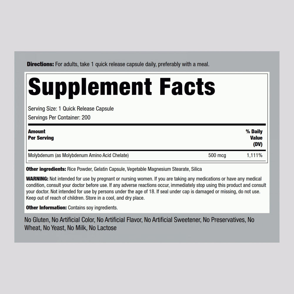 Piping Rock Molybdenum Supplement bottle with 200 capsules in a pack of 2.
