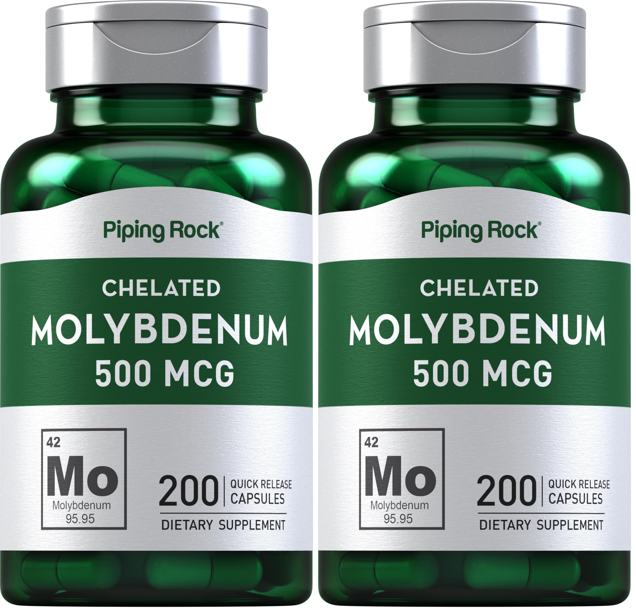 Front view of Piping Rock Molybdenum Supplement Pack of 2 (500 mcg, 200 capsules).