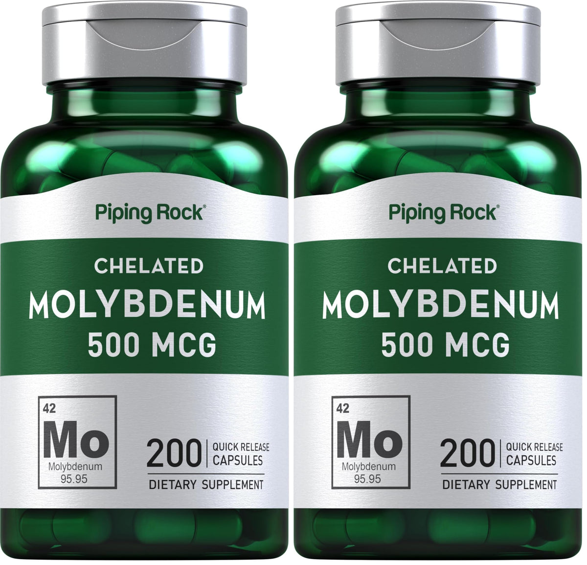 Front view of Piping Rock Molybdenum Supplement Pack of 2 (500 mcg, 200 capsules).