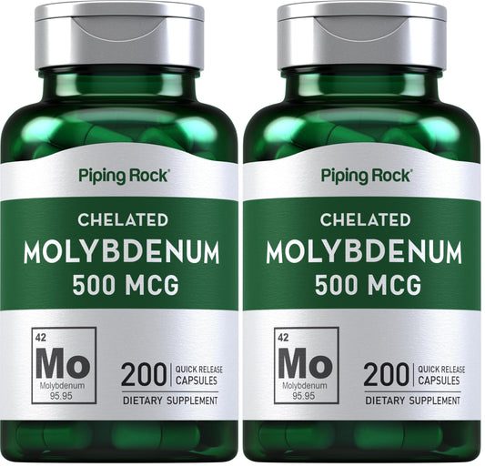 Front view of Piping Rock Molybdenum Supplement Pack of 2 (500 mcg, 200 capsules).