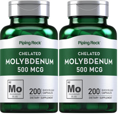 Front view of Piping Rock Molybdenum Supplement Pack of 2 (500 mcg, 200 capsules).