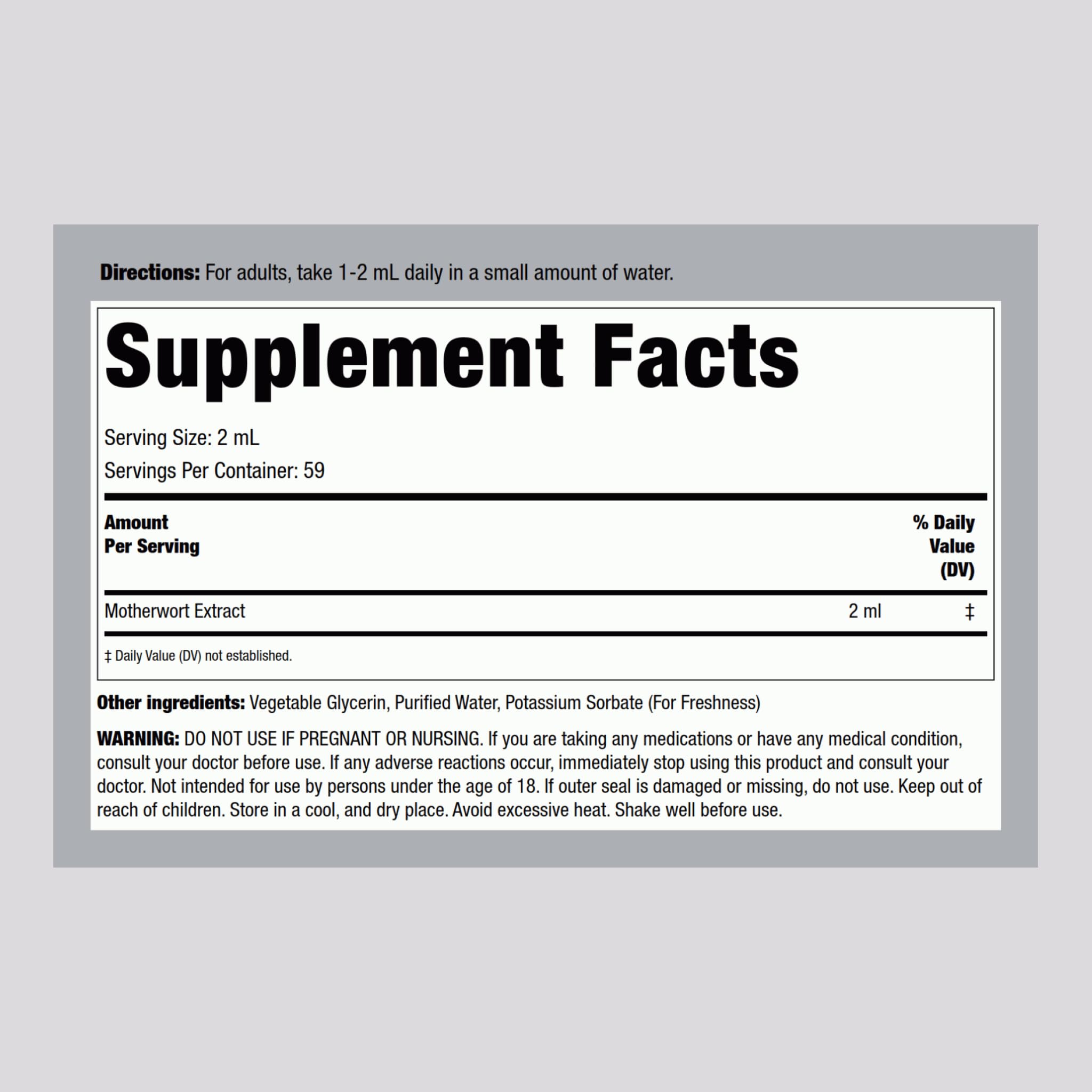 Piping Rock motherwort bottle label close-up highlighting ingredient and testing details
