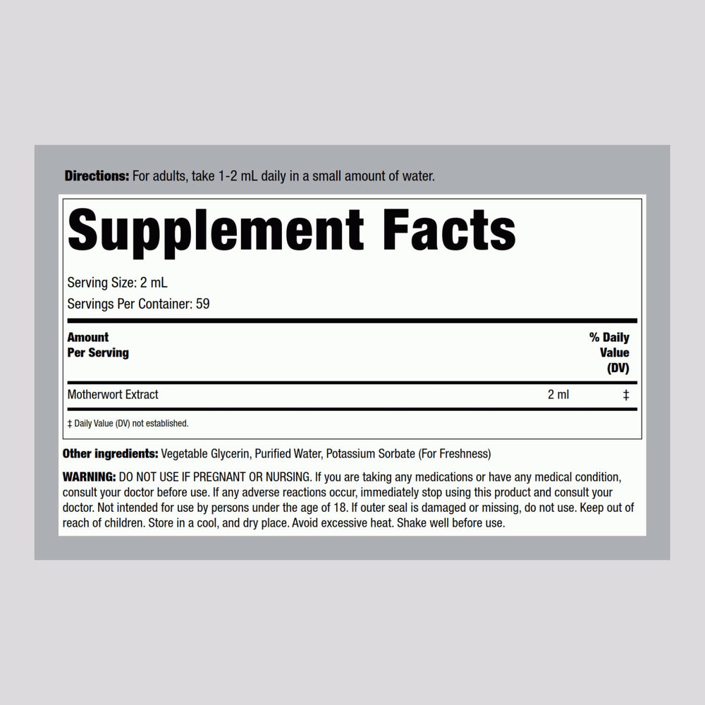 Piping Rock motherwort bottle label close-up highlighting ingredient and testing details