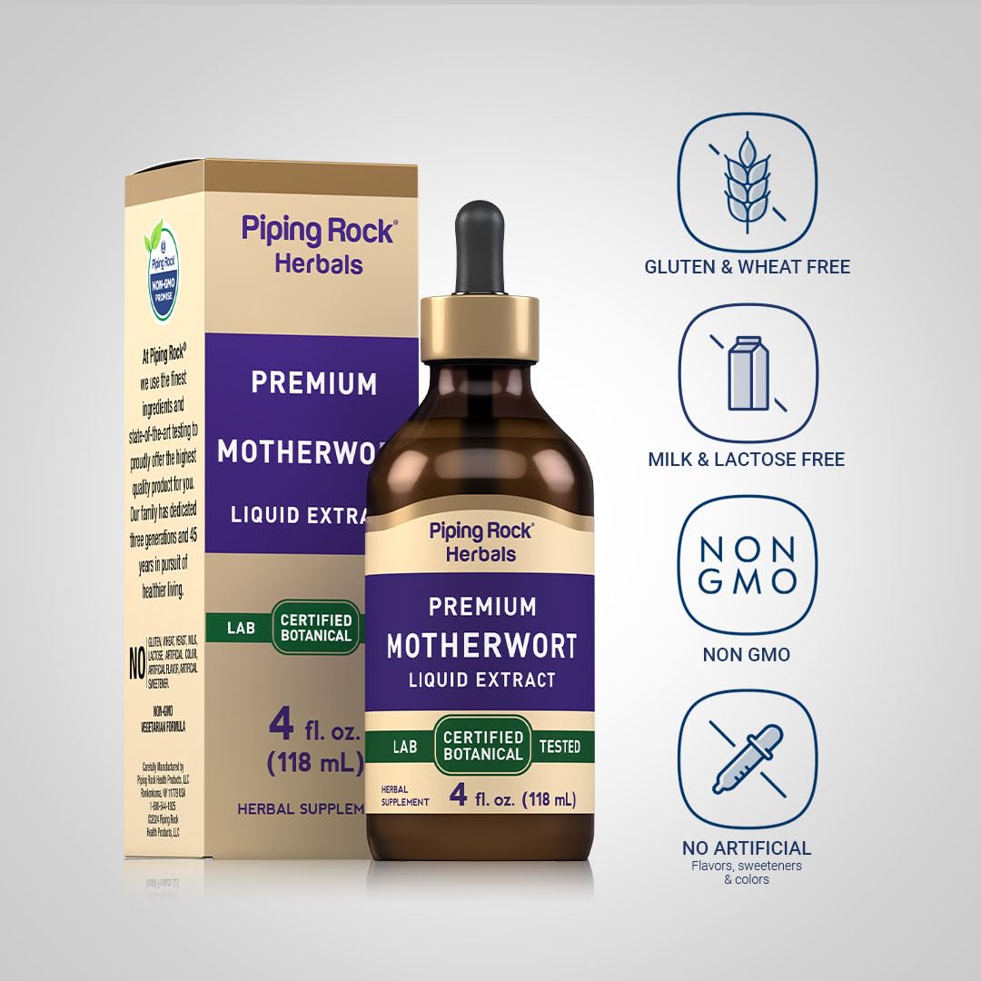 Piping Rock motherwort dropper dispensing drops into glass for precise dosing