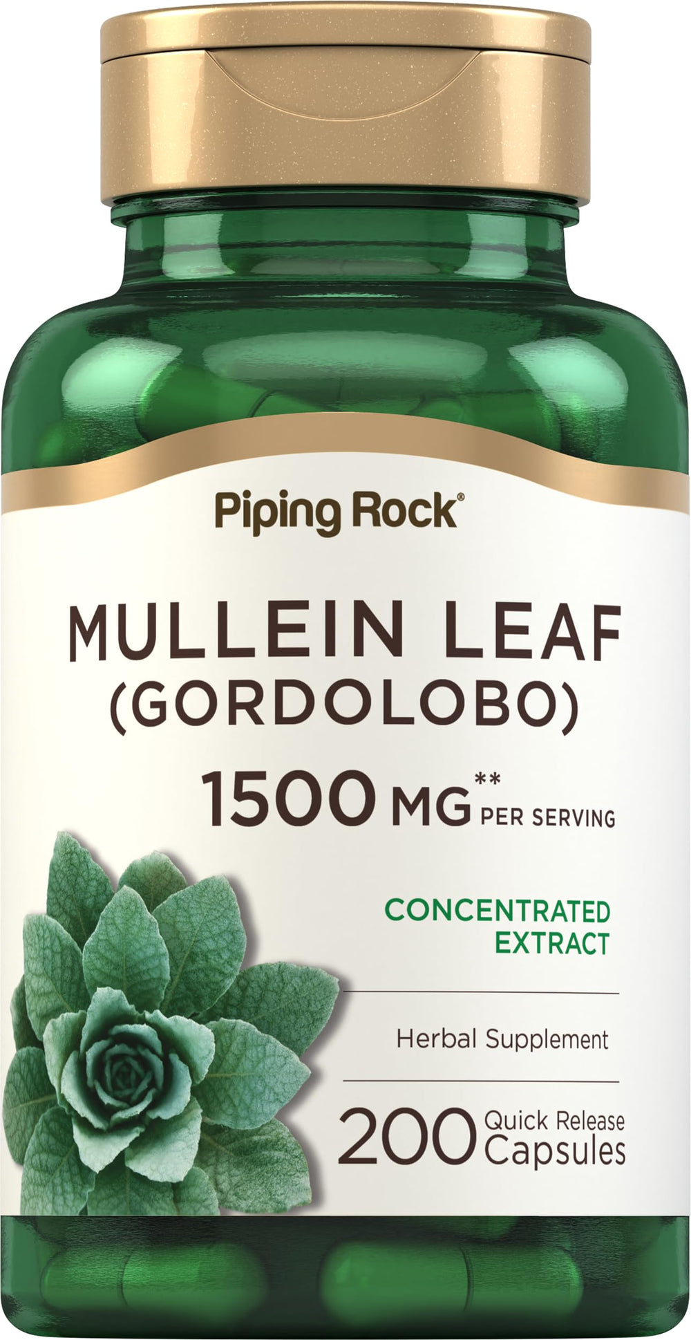 Piping Rock mullein bottle front view showing 200 capsules and branding benefits