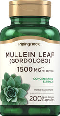 Piping Rock mullein bottle front view showing 200 capsules and branding benefits