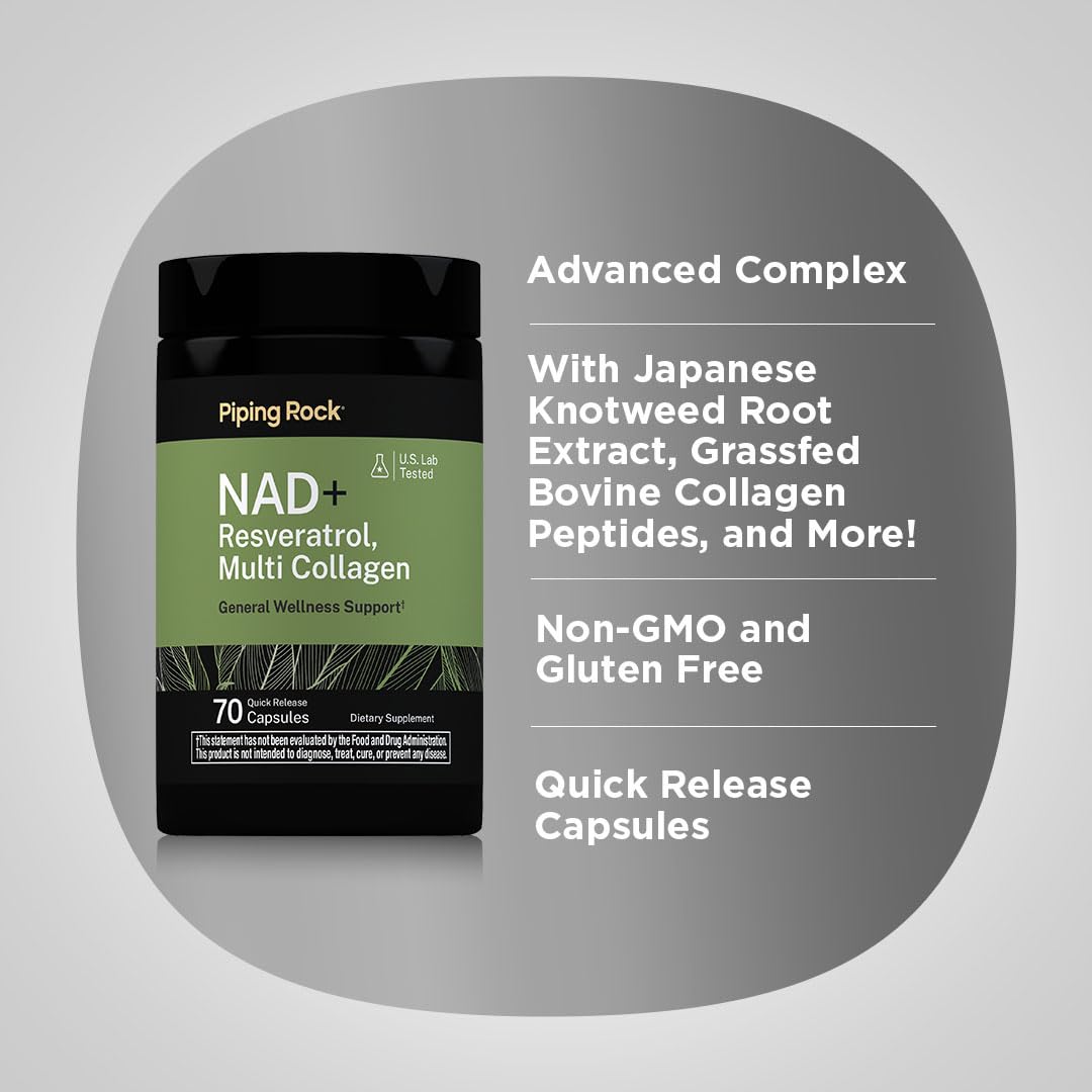 Piping Rock ingredient label detail showing resveratrol, NAD precursors, collagen