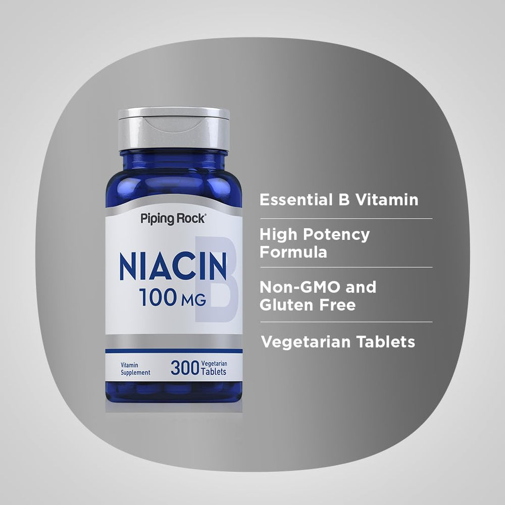 Piping Rock supplement facts label close-up highlighting niacin amount