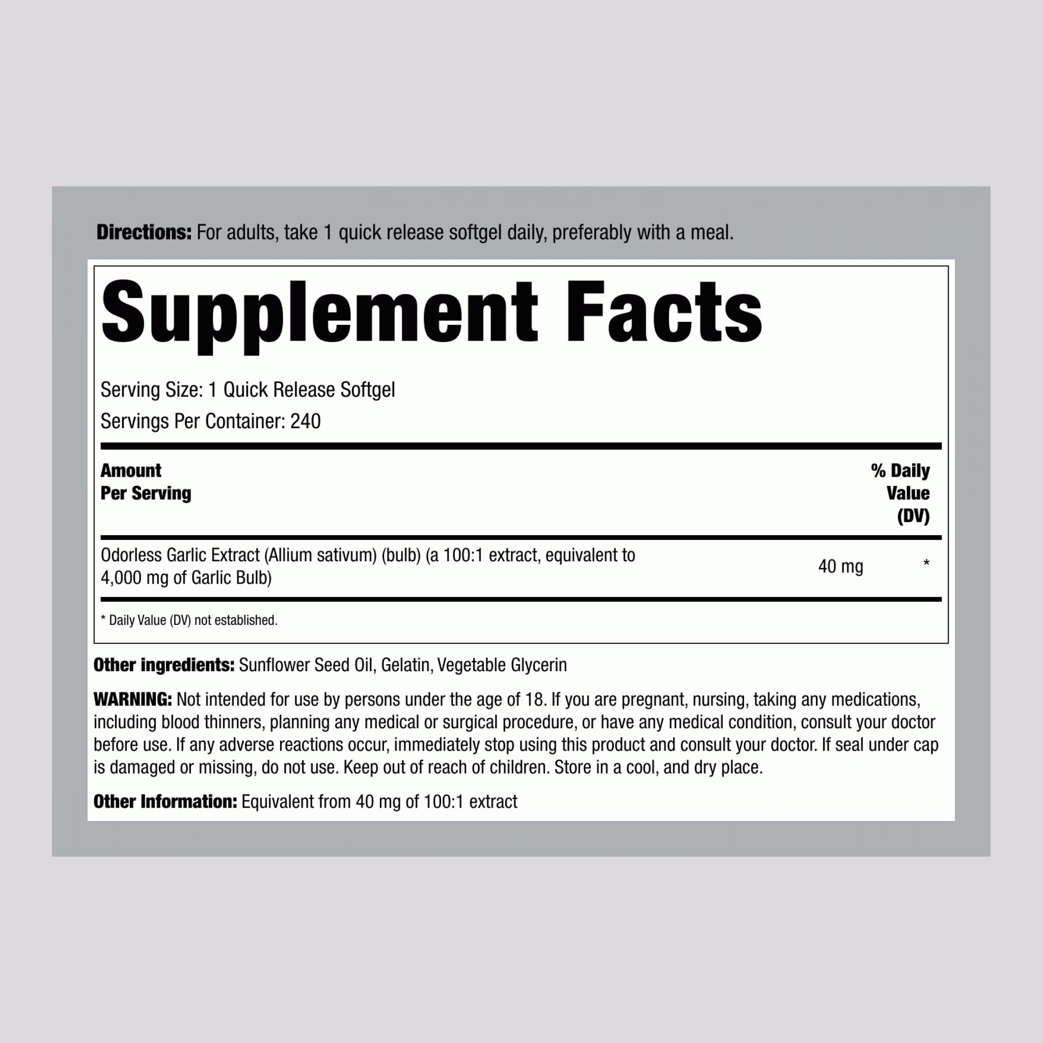 Close-up of Piping Rock Odorless Garlic Softgels bottle