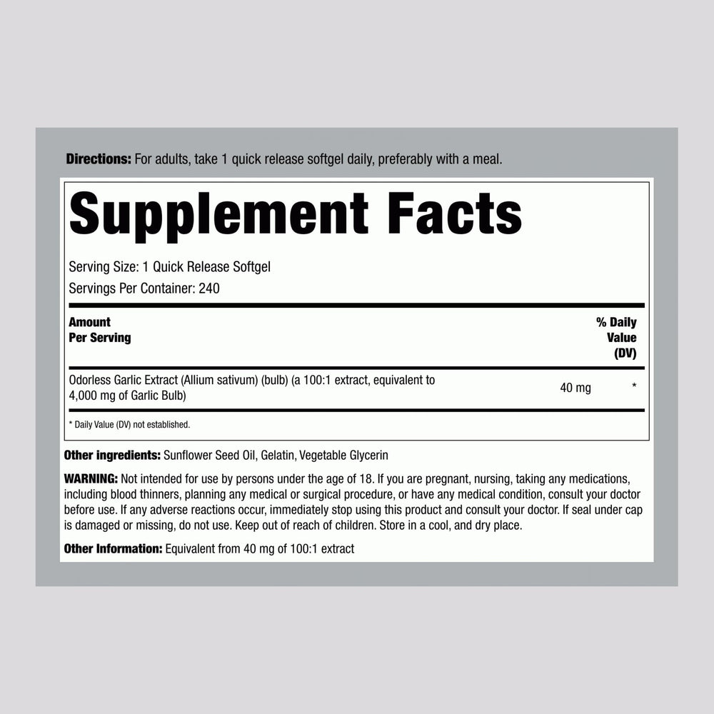 Close-up of Piping Rock Odorless Garlic Softgels bottle