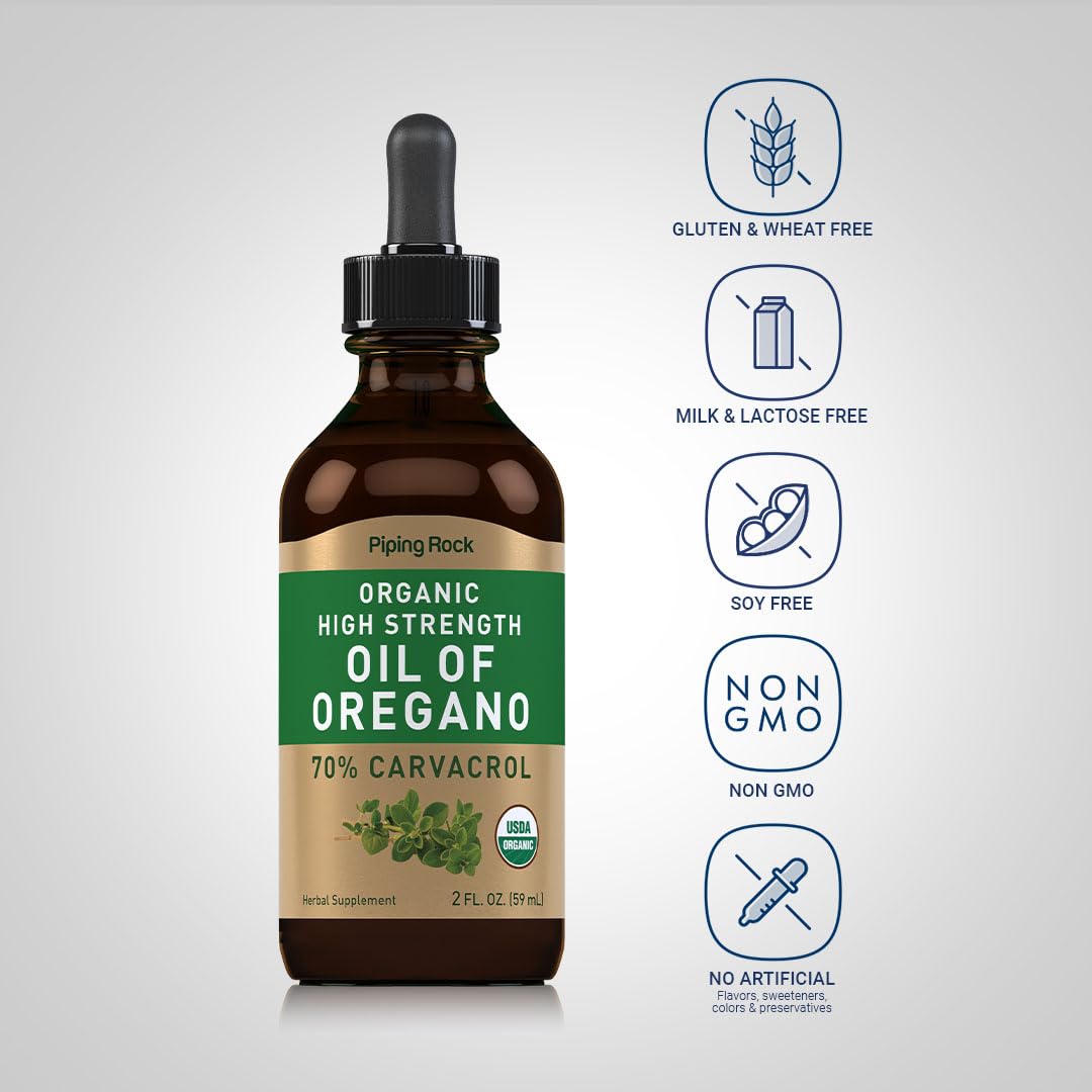 Piping Rock oregano 2 fl oz bottle beside common objects to show scale