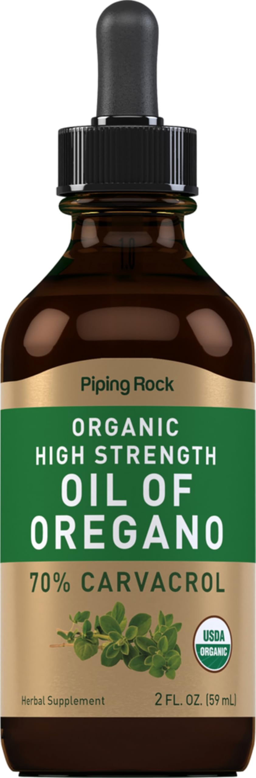 Piping Rock oregano oil front bottle showing label and benefits