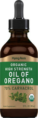 Piping Rock oregano oil front bottle showing label and benefits