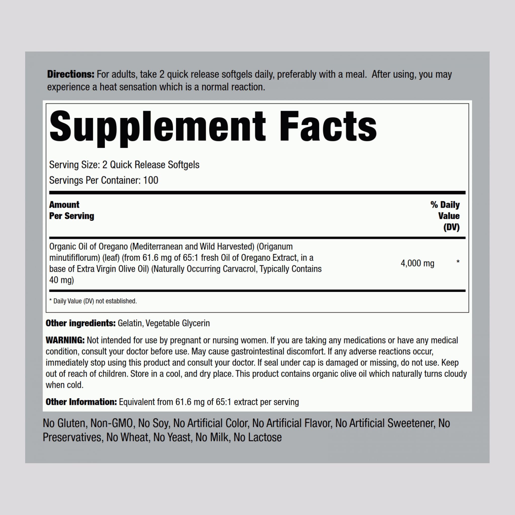 Close-up of oregano oil softgels showing 4000 mg per serving